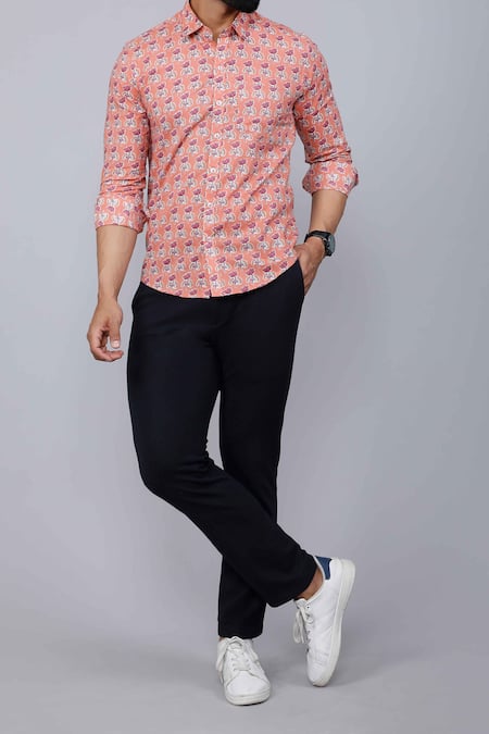 Buy Aryavir Malhotra Peach Cotton Lotus Print Collared Shirt Online at Aza Fashions Buy_Aryavir Malhotra_Peach Cotton Lotus Print Collared Shirt _Online_at_Aza_Fashions