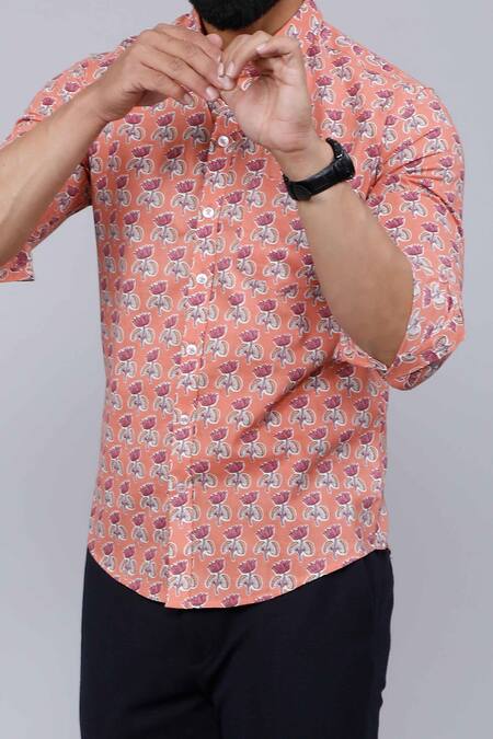 Shop Aryavir Malhotra Peach Cotton Lotus Print Collared Shirt Online at Aza Fashions Shop_Aryavir Malhotra_Peach Cotton Lotus Print Collared Shirt _Online_at_Aza_Fashions