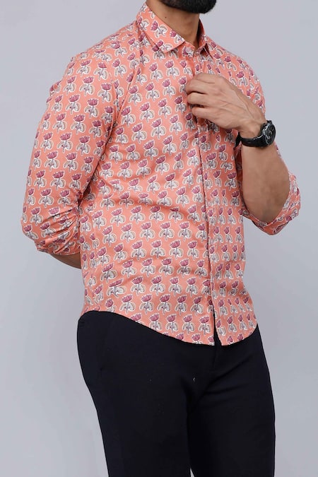 Aryavir Malhotra Peach Cotton Lotus Print Collared Shirt at Aza Fashions Aryavir Malhotra_Peach Cotton Lotus Print Collared Shirt _at_Aza_Fashions