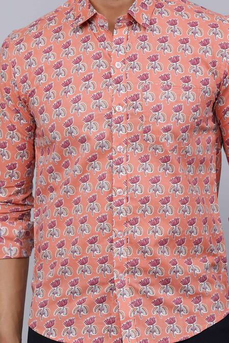 Buy Aryavir Malhotra Peach Cotton Lotus Print Collared Shirt Buy_Aryavir Malhotra_Peach Cotton Lotus Print Collared Shirt
