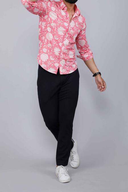 Aryavir Malhotra Pink Cotton Floral Vine Print Collared Shirt Online at Aza Fashions Aryavir Malhotra_Pink Cotton Floral Vine Print Collared Shirt_Online_at_Aza_Fashions