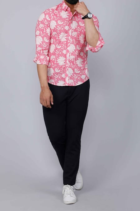 Buy Aryavir Malhotra Pink Cotton Floral Vine Print Collared Shirt Online at Aza Fashions Buy_Aryavir Malhotra_Pink Cotton Floral Vine Print Collared Shirt_Online_at_Aza_Fashions