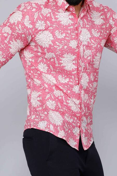 Shop Aryavir Malhotra Pink Cotton Floral Vine Print Collared Shirt Online at Aza Fashions Shop_Aryavir Malhotra_Pink Cotton Floral Vine Print Collared Shirt_Online_at_Aza_Fashions