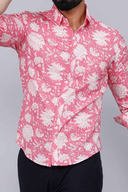 Aryavir Malhotra Pink Cotton Floral Vine Print Collared Shirt at Aza Fashions Aryavir Malhotra_Pink Cotton Floral Vine Print Collared Shirt_at_Aza_Fashions