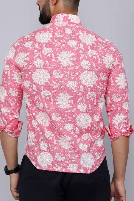 Shop Aryavir Malhotra Pink Cotton Floral Vine Print Collared Shirt at Aza Fashions Shop_Aryavir Malhotra_Pink Cotton Floral Vine Print Collared Shirt_at_Aza_Fashions