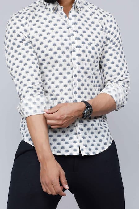 Aryavir Malhotra_White Cotton Abstract Floral Print Shirt _at_Aza_Fashions