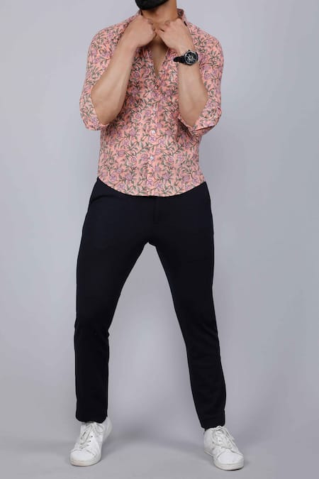 Aryavir Malhotra Peach Cotton Embroidery Floral Vine Print Shirt Online at Aza Fashions Aryavir Malhotra_Peach Cotton Embroidery Floral Vine Print Shirt _Online_at_Aza_Fashions