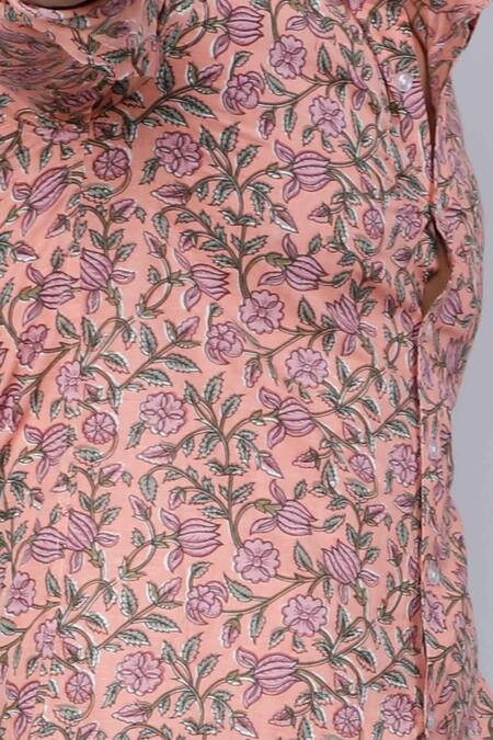 Shop Aryavir Malhotra Peach Cotton Embroidery Floral Vine Print Shirt Online at Aza Fashions Shop_Aryavir Malhotra_Peach Cotton Embroidery Floral Vine Print Shirt _Online_at_Aza_Fashions