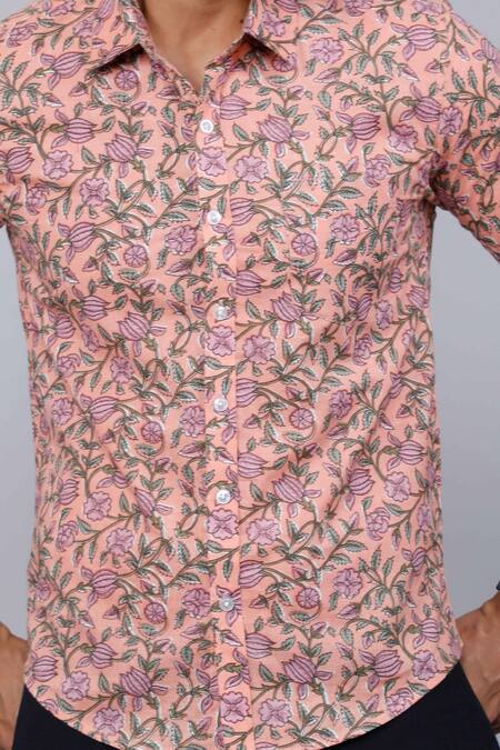 Aryavir Malhotra Peach Cotton Embroidery Floral Vine Print Shirt at Aza Fashions Aryavir Malhotra_Peach Cotton Embroidery Floral Vine Print Shirt _at_Aza_Fashions