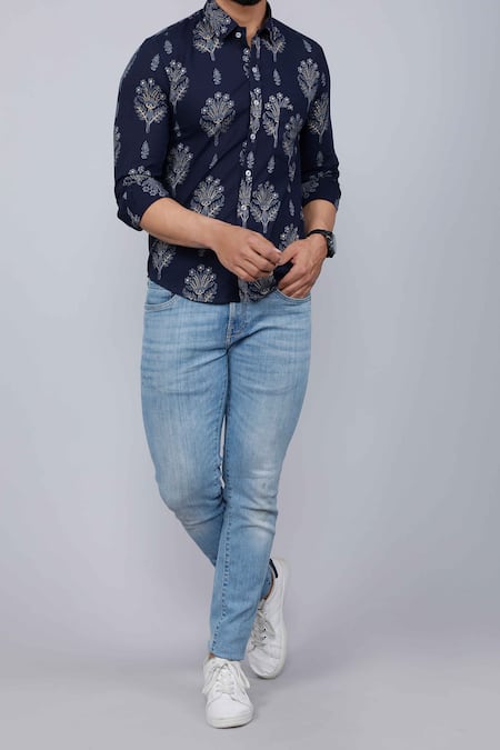 Aryavir Malhotra_Blue Cotton Floral Motifs Print Shirt _Online_at_Aza_Fashions