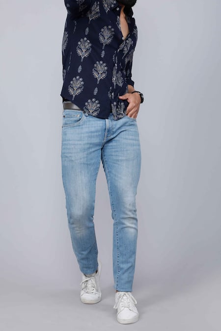 Buy_Aryavir Malhotra_Blue Cotton Floral Motifs Print Shirt _Online_at_Aza_Fashions
