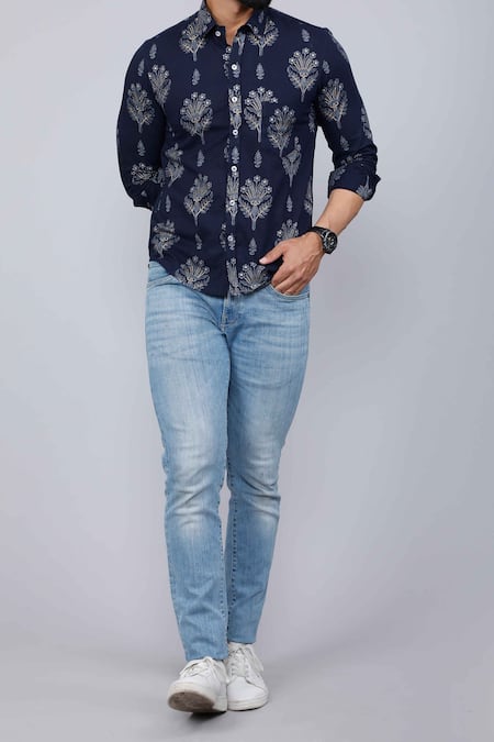 Shop_Aryavir Malhotra_Blue Cotton Floral Motifs Print Shirt _Online_at_Aza_Fashions