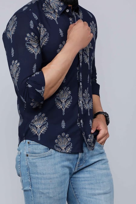 Aryavir Malhotra_Blue Cotton Floral Motifs Print Shirt _at_Aza_Fashions