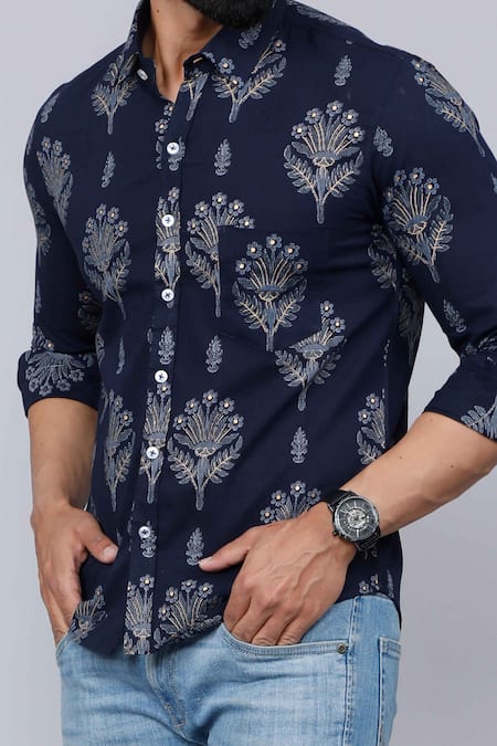Buy_Aryavir Malhotra_Blue Cotton Floral Motifs Print Shirt 
