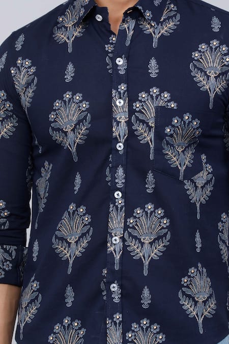 Shop_Aryavir Malhotra_Blue Cotton Floral Motifs Print Shirt 