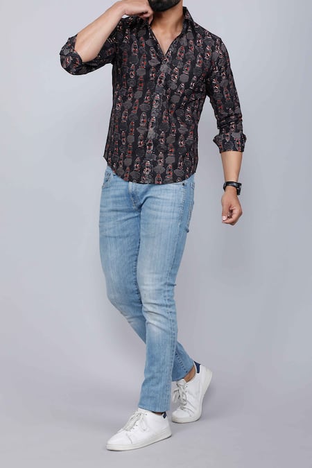Shop_Aryavir Malhotra_Black Cotton Abstract Lantern Print Casual Shirt _Online_at_Aza_Fashions
