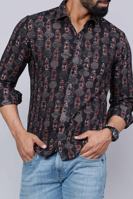 Aryavir Malhotra_Black Cotton Abstract Lantern Print Casual Shirt _at_Aza_Fashions