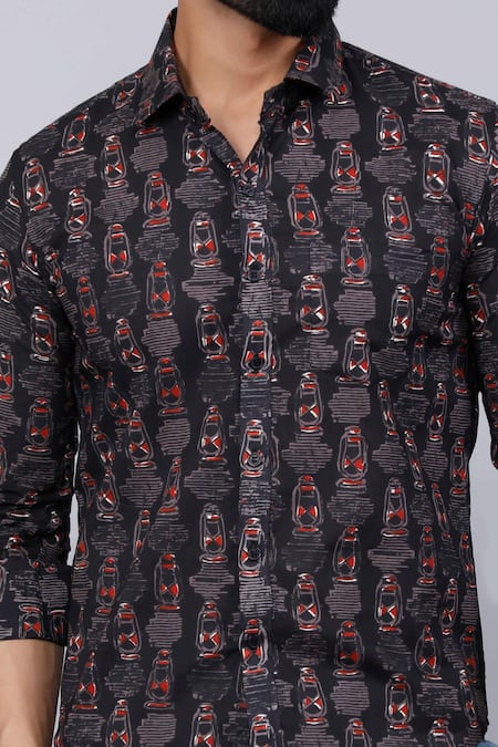 Buy_Aryavir Malhotra_Black Cotton Abstract Lantern Print Casual Shirt 