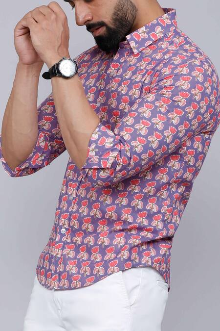 Aryavir Malhotra_Purple Cotton Lotus Motifs Print Shirt _Online_at_Aza_Fashions
