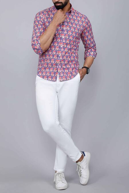 Buy_Aryavir Malhotra_Purple Cotton Lotus Motifs Print Shirt _Online_at_Aza_Fashions