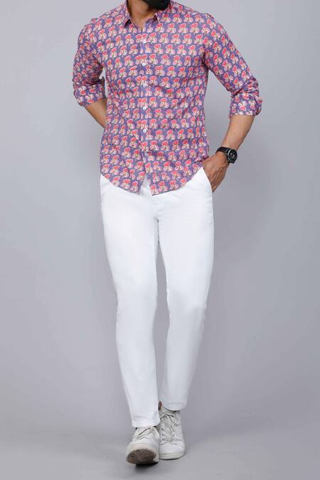 Shop_Aryavir Malhotra_Purple Cotton Lotus Motifs Print Shirt _Online_at_Aza_Fashions