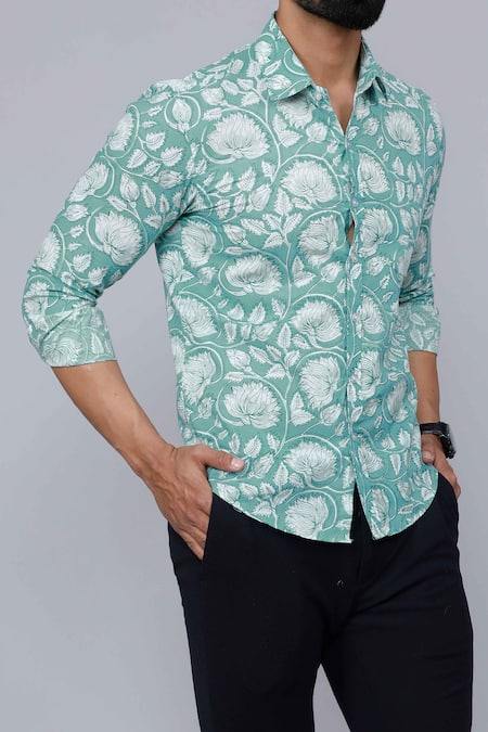 Aryavir Malhotra_Green Cotton Floral Bloom Print Shirt _Online_at_Aza_Fashions