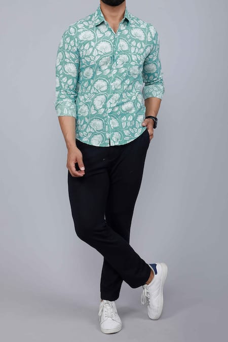 Buy_Aryavir Malhotra_Green Cotton Floral Bloom Print Shirt _Online_at_Aza_Fashions