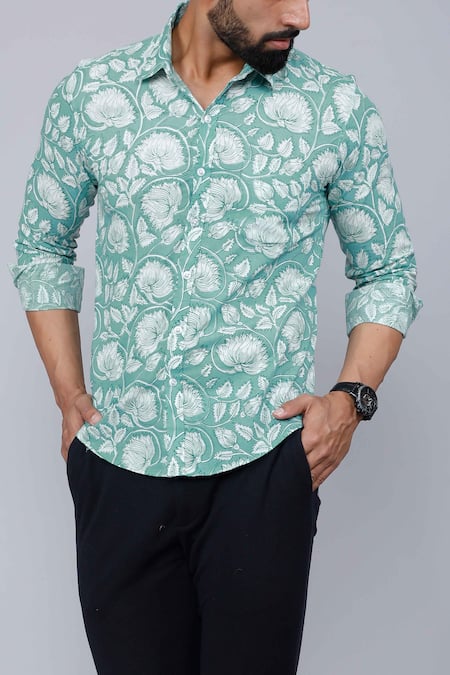 Shop_Aryavir Malhotra_Green Cotton Floral Bloom Print Shirt _Online_at_Aza_Fashions