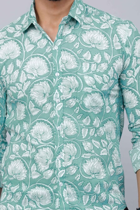 Aryavir Malhotra_Green Cotton Floral Bloom Print Shirt _at_Aza_Fashions
