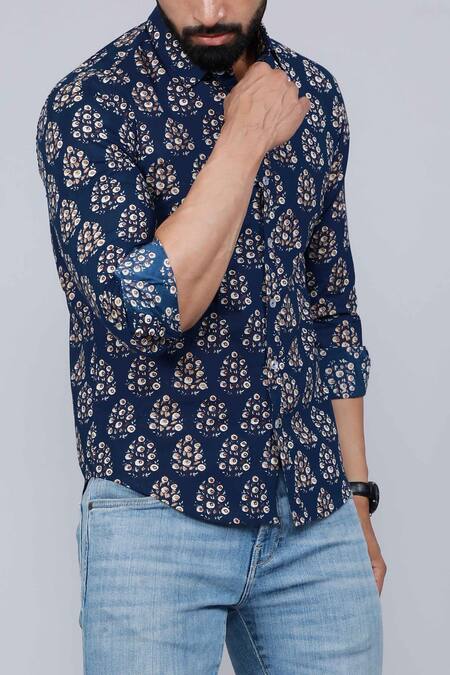 Aryavir Malhotra_Blue Cotton Floral Print Collared Shirt_Online_at_Aza_Fashions