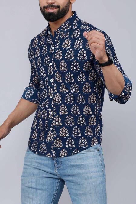 Buy_Aryavir Malhotra_Blue Cotton Floral Print Collared Shirt_Online_at_Aza_Fashions
