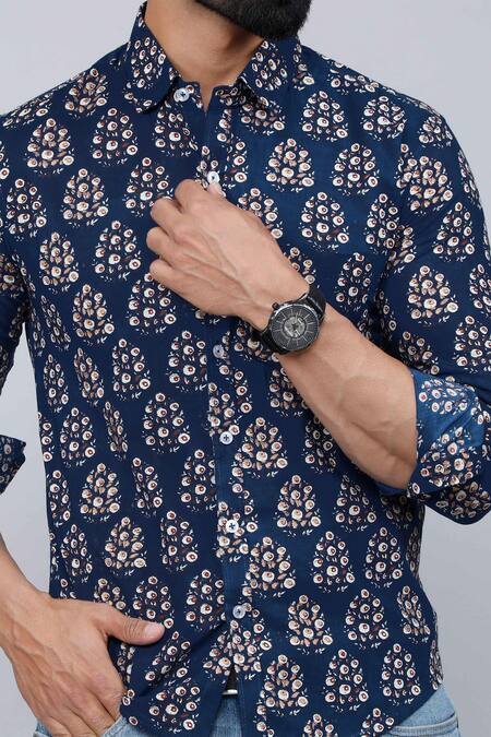 Shop_Aryavir Malhotra_Blue Cotton Floral Print Collared Shirt_Online_at_Aza_Fashions