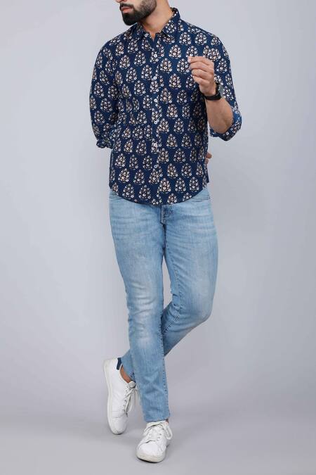 Buy_Aryavir Malhotra_Blue Cotton Floral Print Collared Shirt