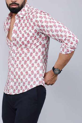 Buy Aryavir Malhotra White Cotton Floral Motifs Print Collared Shirt Buy_Aryavir Malhotra_White Cotton Floral Motifs Print Collared Shirt