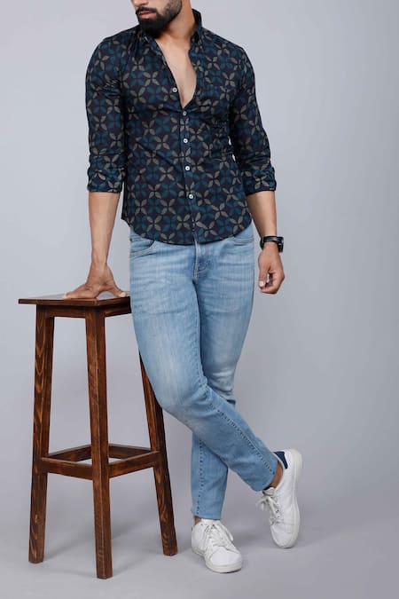 Shop_Aryavir Malhotra_Blue Cotton Abstract Print Shirt _Online_at_Aza_Fashions