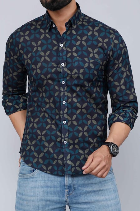 Aryavir Malhotra_Blue Cotton Abstract Print Shirt _at_Aza_Fashions