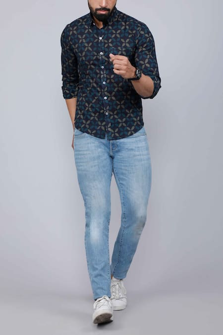 Shop_Aryavir Malhotra_Blue Cotton Abstract Print Shirt 