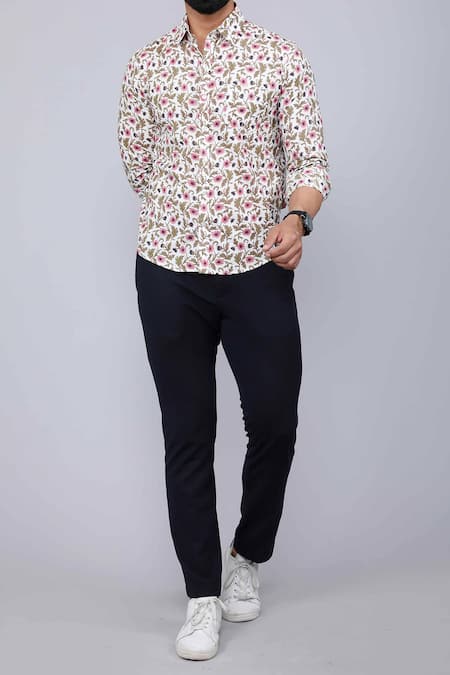 Aryavir Malhotra_White Cotton Floral Vine Print Shirt _Online_at_Aza_Fashions
