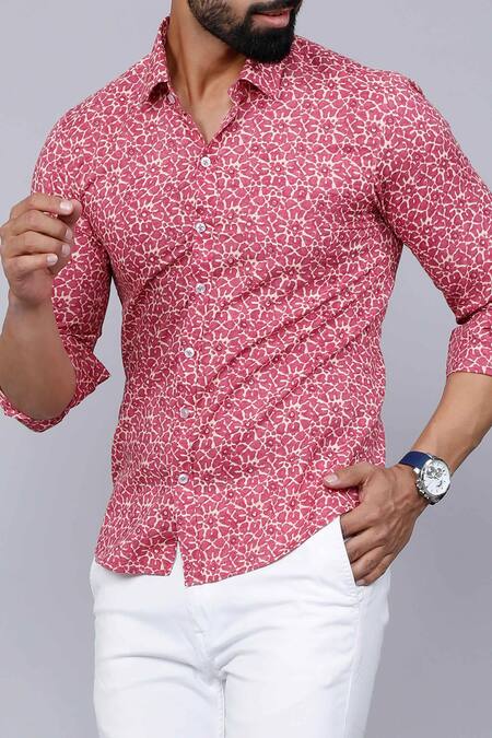 Shop Aryavir Malhotra Pink Cotton Abstract Print Collared Shirt Online at Aza Fashions Shop_Aryavir Malhotra_Pink Cotton Abstract Print Collared Shirt _Online_at_Aza_Fashions