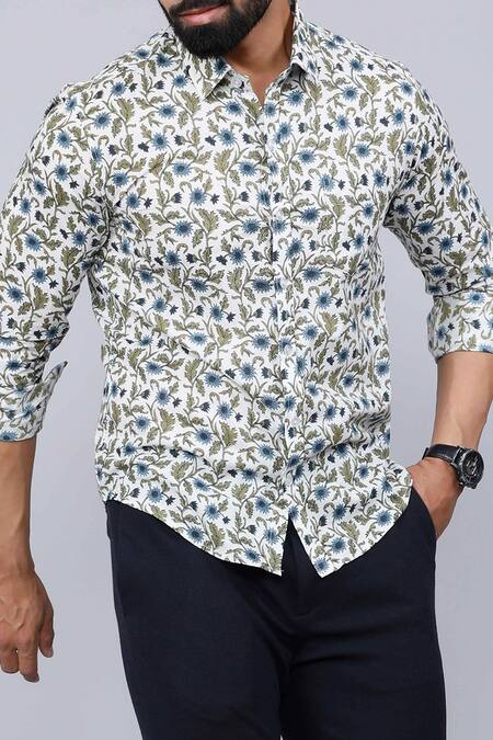 Shop Aryavir Malhotra White Cotton Floral Vine Print Casual Shirt Online at Aza Fashions Shop_Aryavir Malhotra_White Cotton Floral Vine Print Casual Shirt _Online_at_Aza_Fashions