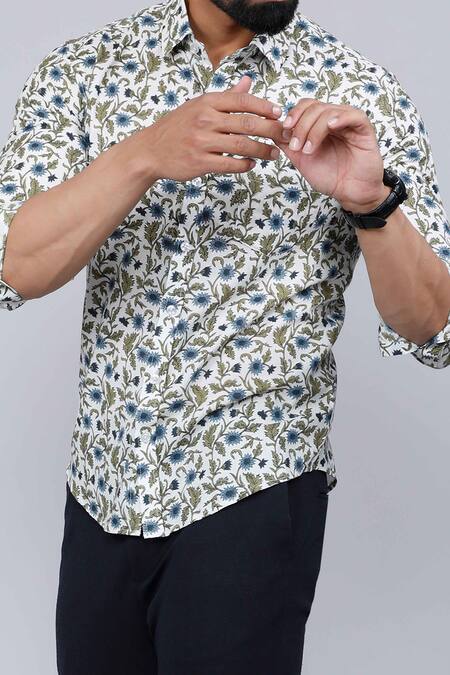 Shop Aryavir Malhotra White Cotton Floral Vine Print Casual Shirt Shop_Aryavir Malhotra_White Cotton Floral Vine Print Casual Shirt