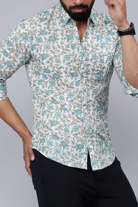 Buy Aryavir Malhotra White Cotton Floral Vine Print Casual Shirt Online at Aza Fashions Buy_Aryavir Malhotra_White Cotton Floral Vine Print Casual Shirt _Online_at_Aza_Fashions