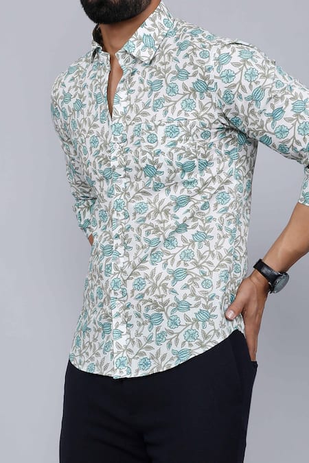 Shop Aryavir Malhotra White Cotton Floral Vine Print Casual Shirt Online at Aza Fashions Shop_Aryavir Malhotra_White Cotton Floral Vine Print Casual Shirt _Online_at_Aza_Fashions