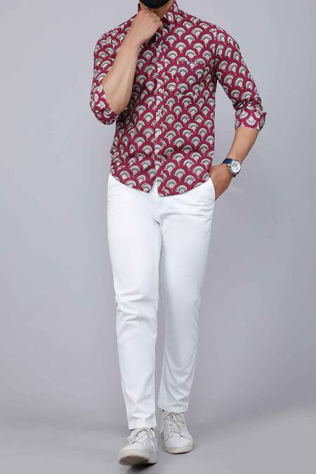 Buy_Aryavir Malhotra_Maroon Cotton Floral Motif Collared Shirt _Online_at_Aza_Fashions