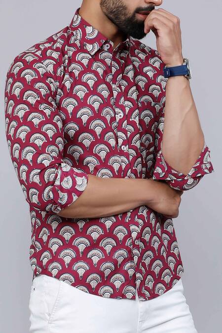 Aryavir Malhotra_Maroon Cotton Floral Motif Collared Shirt _at_Aza_Fashions