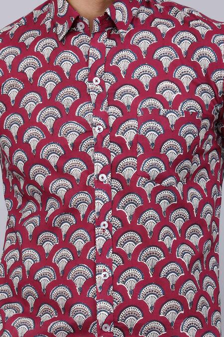 Shop_Aryavir Malhotra_Maroon Cotton Floral Motif Collared Shirt 