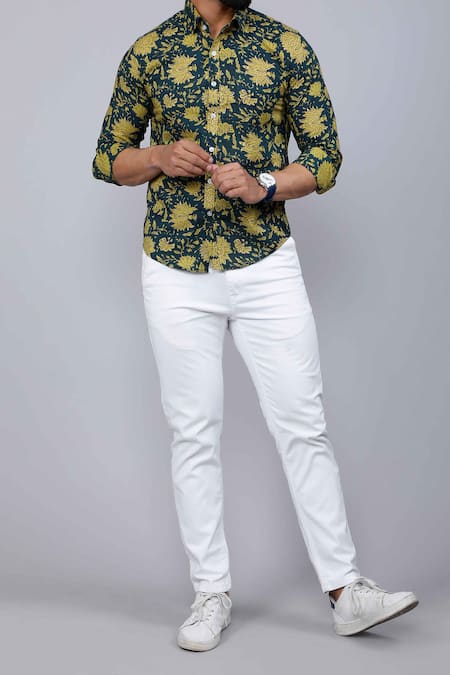 Aryavir Malhotra_Green Cotton Floral Print Collared Shirt _Online_at_Aza_Fashions
