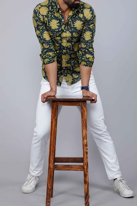 Buy_Aryavir Malhotra_Green Cotton Floral Print Collared Shirt _Online_at_Aza_Fashions