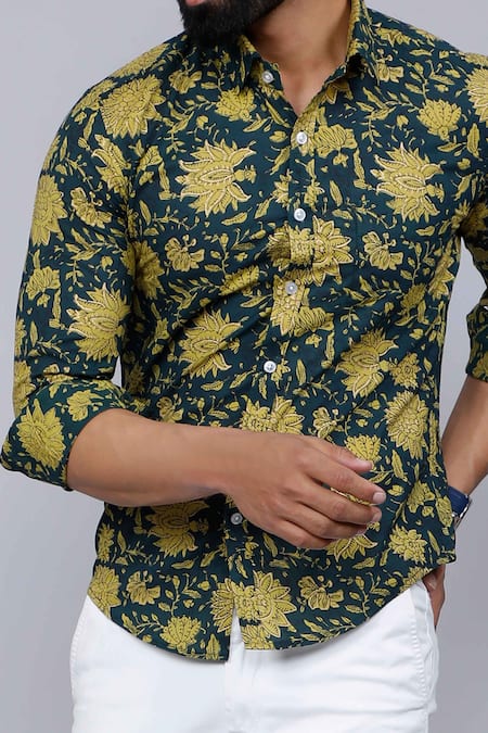 Shop_Aryavir Malhotra_Green Cotton Floral Print Collared Shirt _Online_at_Aza_Fashions