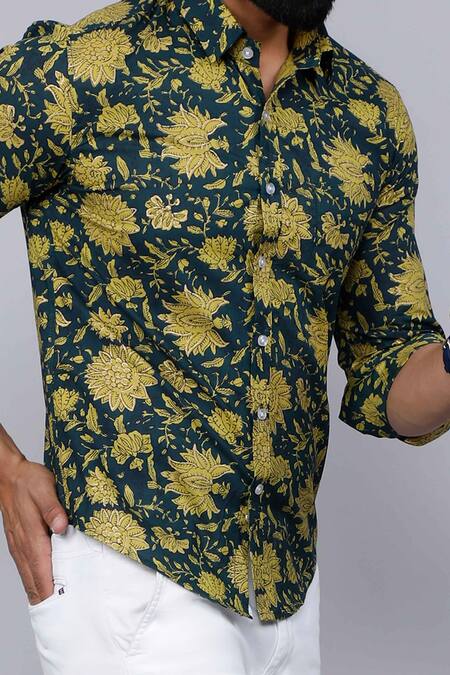 Aryavir Malhotra_Green Cotton Floral Print Collared Shirt _at_Aza_Fashions